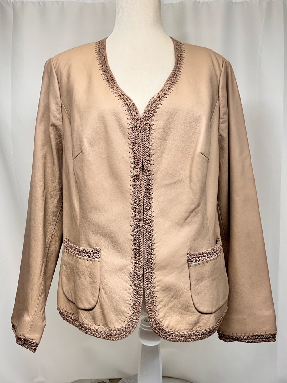 Nine West Blush Beige Soft Leather Jacket with Crochet-Trim Size 1X